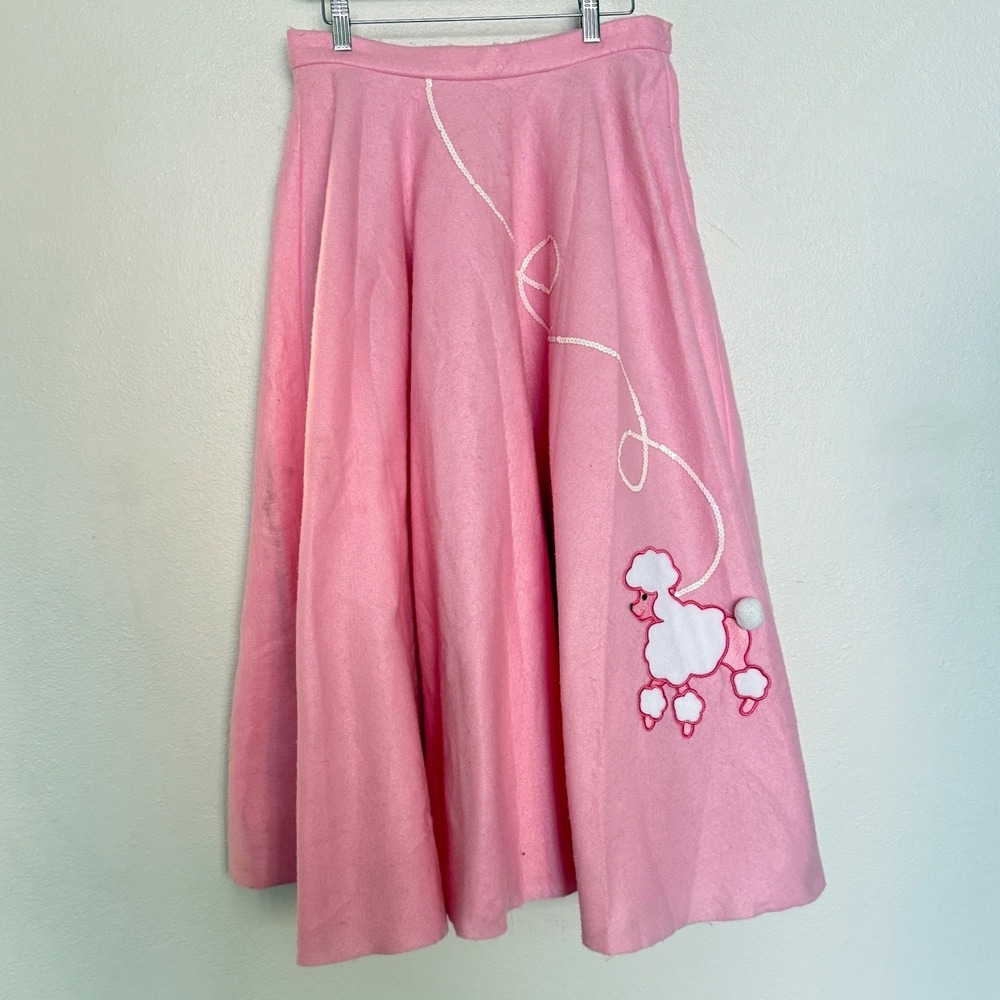 True Vintage 1950s Pink Poodle Felt Circle Skirt Sequin Leash Rockabilly